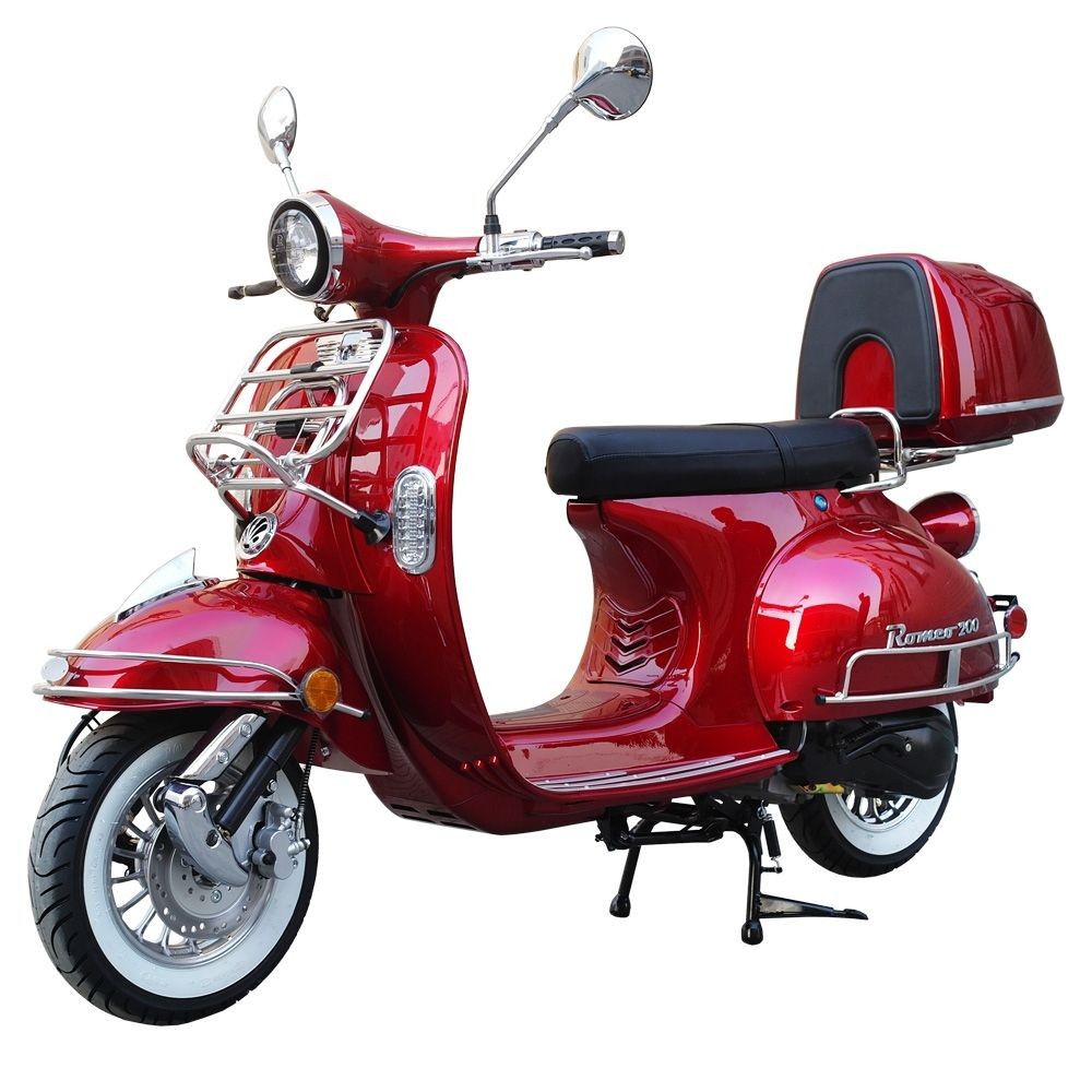 200cc Gas Moped Scooter Romeo 200 RED, Automatic CVT Big Power Engine,  Retro Style