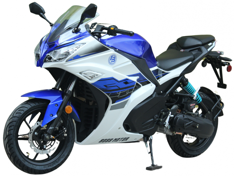 200cc Gas Motorcycle Super Sports 200 with CVT Auto Tranny, 14 inch Aluminium Wheels Blue White 2 tone