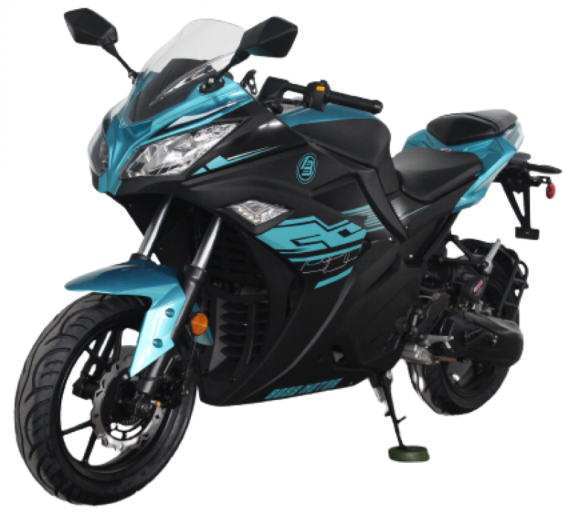 200cc Gas Motorcycle Super Sports 200 with CVT Auto Tranny, 14 inch Aluminium Wheels Tech Blue and Black 2 tone