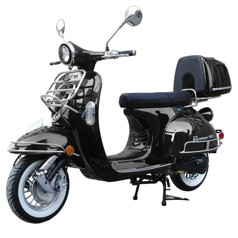 200cc Gas Moped Scooter Romeo 200 Black, Automatic CVT Big Power Engine, Retro Style