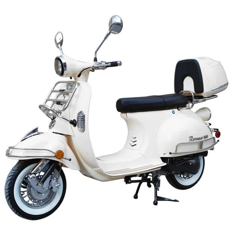 200cc Gas Moped Scooter Romeo 200 White, Automatic CVT Big Power Engine, Retro Style