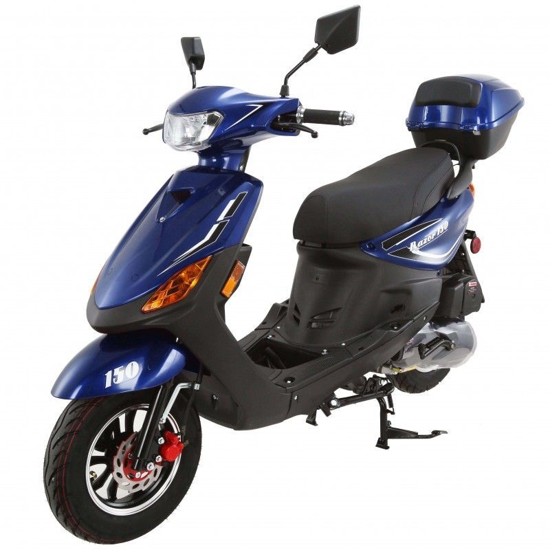 150cc Moped Scooter RZ 150 BLUE with New Design Sporty Look, Black Wheel, Electric and Kick Start, Low Seat Height