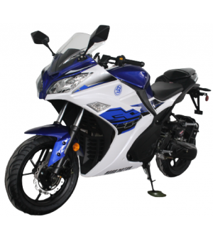 200cc Gas Motorcycle Super Sports 200 with CVT Auto Tranny, 14 inch Aluminium Wheels Blue White 2 tone