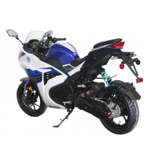 200cc Gas Motorcycle Super Sports 200 with CVT Auto Tranny, 14 inch Aluminium Wheels Blue White 2 tone