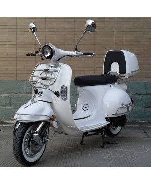 200cc Gas Moped Scooter Romeo 200 White, Automatic CVT Big Power Engine, Retro Style