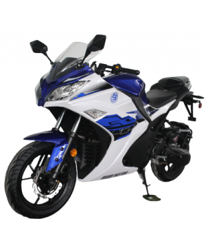 200cc Gas Motorcycle Super Sports 200 with CVT Auto Tranny, 14 inch Aluminium Wheels Blue White 2 tone