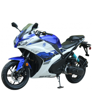 200cc Gas Motorcycle Super Sports 200 with CVT Auto Tranny, 14 inch Aluminium Wheels Blue White 2 tone